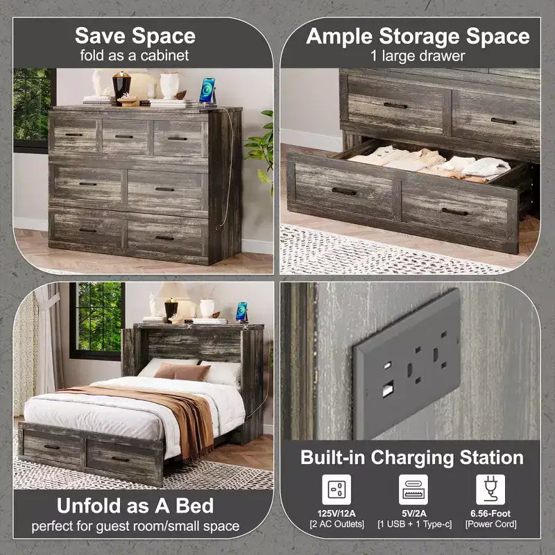 Letto a scomparsa ModernLuxe a una piazza e mezza/matrimoniale salvaspazio, pieghevole con stazione di ricarica e cassetto portaoggetti, bianco/grigio