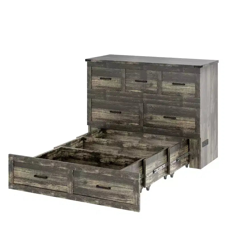 Letto a scomparsa ModernLuxe a una piazza e mezza/matrimoniale salvaspazio, pieghevole con stazione di ricarica e cassetto portaoggetti, bianco/grigio