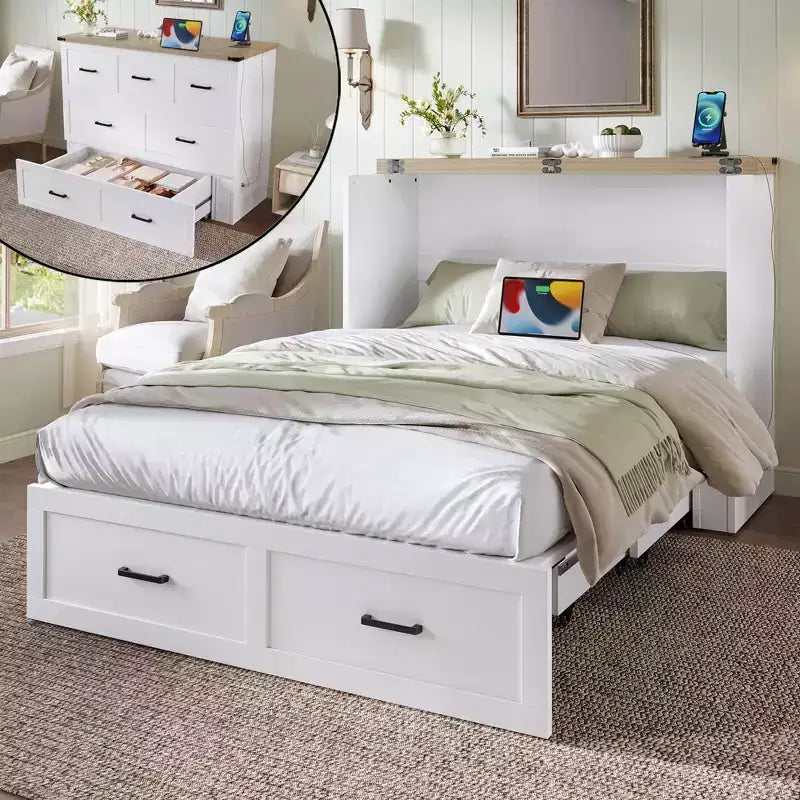 ModernLuxe Full/Queen Size Murphy Bed Space Saving Foldable Bed with Charging Station & Storage Drawer, White/Gray