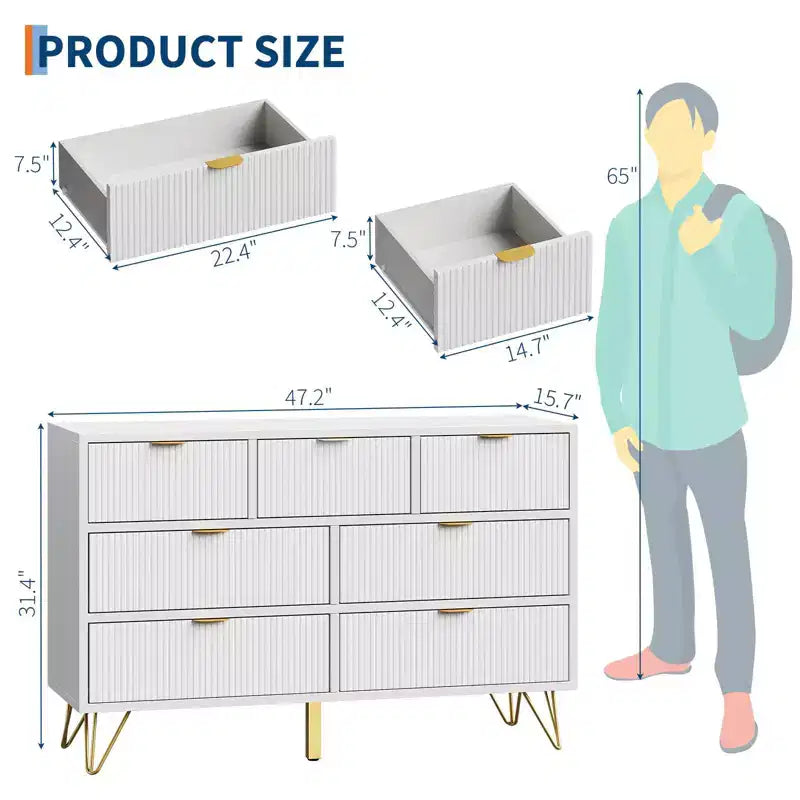 7 Drawer Dresser for Bedroom, 47.2 Wide Chest of Drawers with Metal Legs, TV Stand Dresser Storage Cabinet, Entryway Storage Organizer