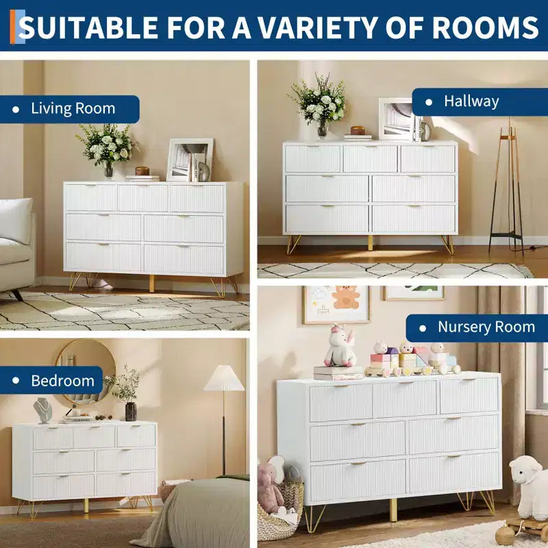 7 Drawer Dresser for Bedroom, 47.2 Wide Chest of Drawers with Metal Legs, TV Stand Dresser Storage Cabinet, Entryway Storage Organizer