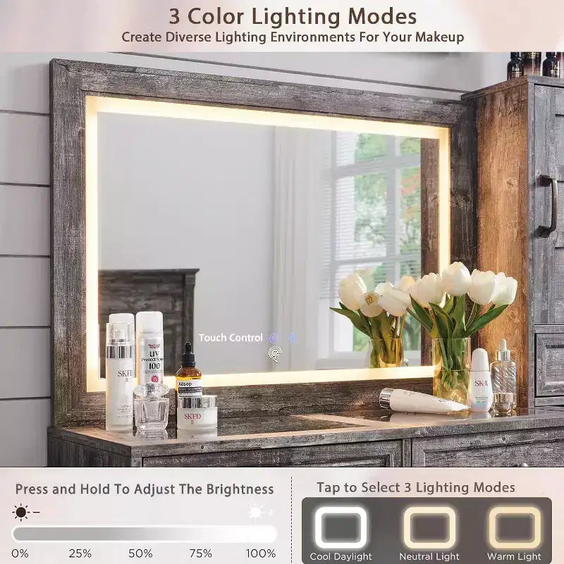 Mastgoal Farmhouse Vanity Desk with Touch Screen LED Mirror, 47 Big Make Up Table, 6 Drawers, Glass Top, Charging Station, Rustic Wood Dressing Table