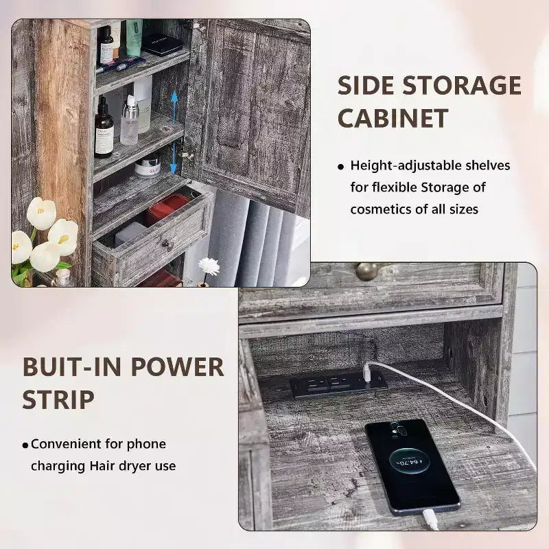 Mastgoal Farmhouse Vanity Desk with Touch Screen LED Mirror, 47 Big Make Up Table, 6 Drawers, Glass Top, Charging Station, Rustic Wood Dressing Table