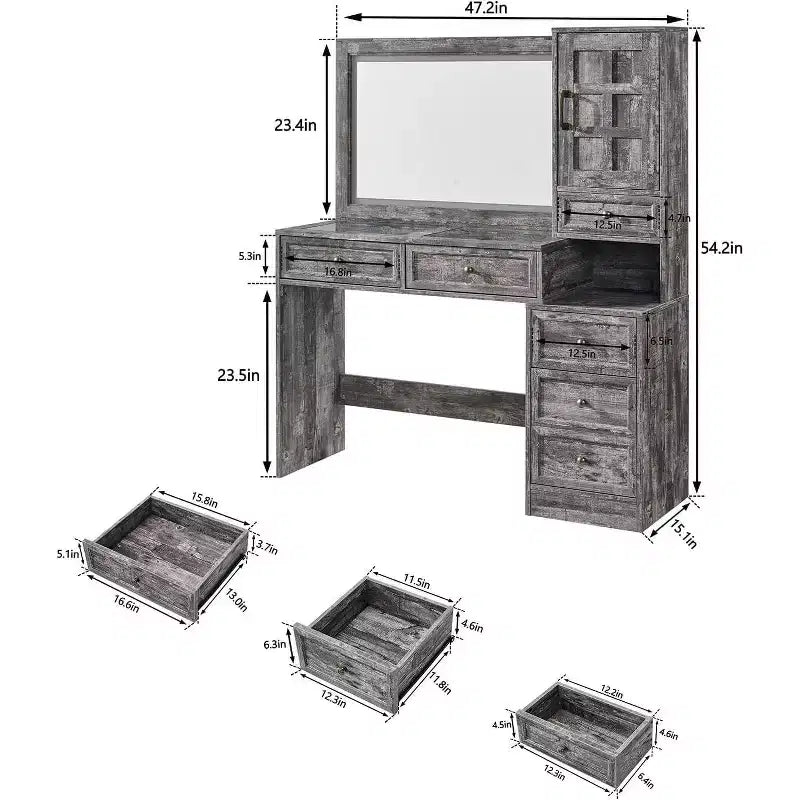 Mastgoal Farmhouse Vanity Desk with Touch Screen LED Mirror, 47 Big Make Up Table, 6 Drawers, Glass Top, Charging Station, Rustic Wood Dressing Table