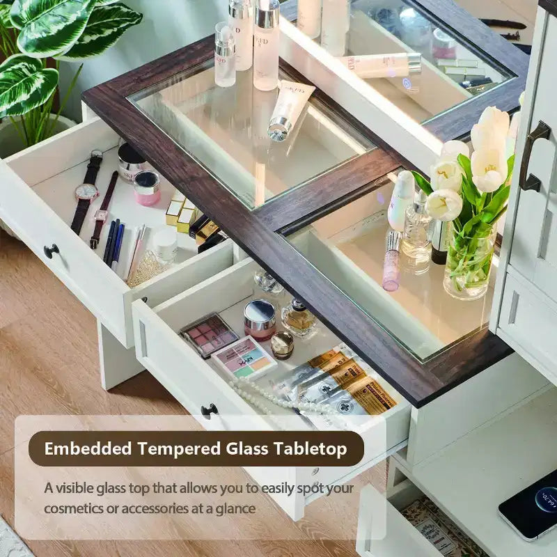 Mastgoal Farmhouse Vanity Desk with Touch Screen LED Mirror, 47 Big Make Up Table, 6 Drawers, Glass Top, Charging Station, Rustic Wood Dressing Table