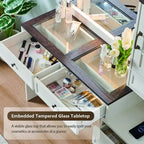 Mastgoal Farmhouse Vanity Desk with Touch Screen LED Mirror, 47 Big Make Up Table, 6 Drawers, Glass Top, Charging Station, Rustic Wood Dressing Table