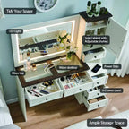 Mastgoal Farmhouse Vanity Desk with Touch Screen LED Mirror, 47 Big Make Up Table, 6 Drawers, Glass Top, Charging Station, Rustic Wood Dressing Table