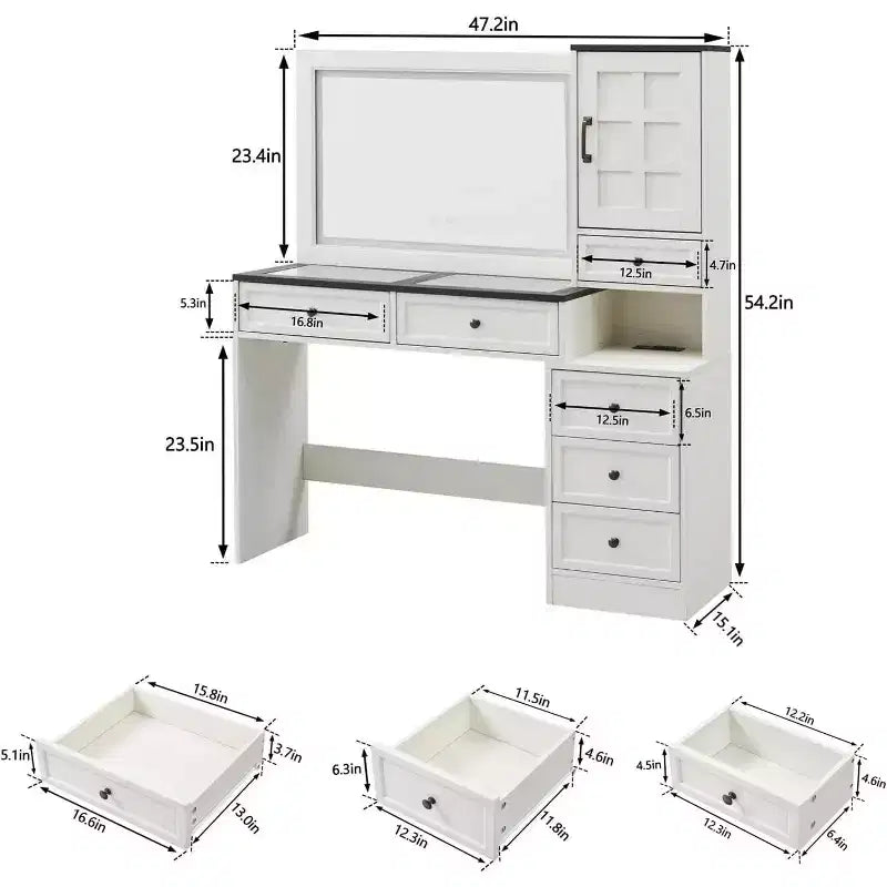 Mastgoal Farmhouse Vanity Desk with Touch Screen LED Mirror, 47 Big Make Up Table, 6 Drawers, Glass Top, Charging Station, Rustic Wood Dressing Table