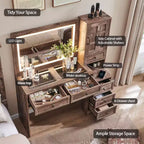 Mastgoal Farmhouse Vanity Desk with Touch Screen LED Mirror, 47 Big Make Up Table, 6 Drawers, Glass Top, Charging Station, Rustic Wood Dressing Table