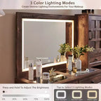 Mastgoal Farmhouse Vanity Desk with Touch Screen LED Mirror, 47 Big Make Up Table, 6 Drawers, Glass Top, Charging Station, Rustic Wood Dressing Table