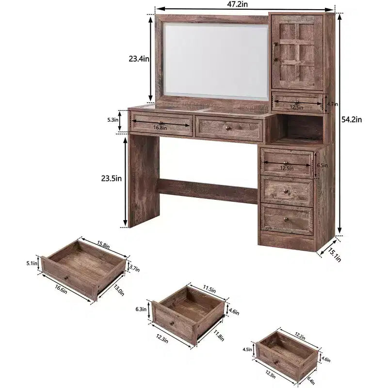 Mastgoal Farmhouse Vanity Desk with Touch Screen LED Mirror, 47 Big Make Up Table, 6 Drawers, Glass Top, Charging Station, Rustic Wood Dressing Table