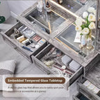 Mastgoal Farmhouse Vanity Desk with Touch Screen LED Mirror, 47 Big Make Up Table, 6 Drawers, Glass Top, Charging Station, Rustic Wood Dressing Table