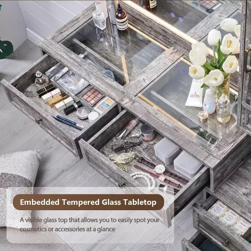 Mastgoal Farmhouse Vanity Desk with Touch Screen LED Mirror, 47 Big Make Up Table, 6 Drawers, Glass Top, Charging Station, Rustic Wood Dressing Table