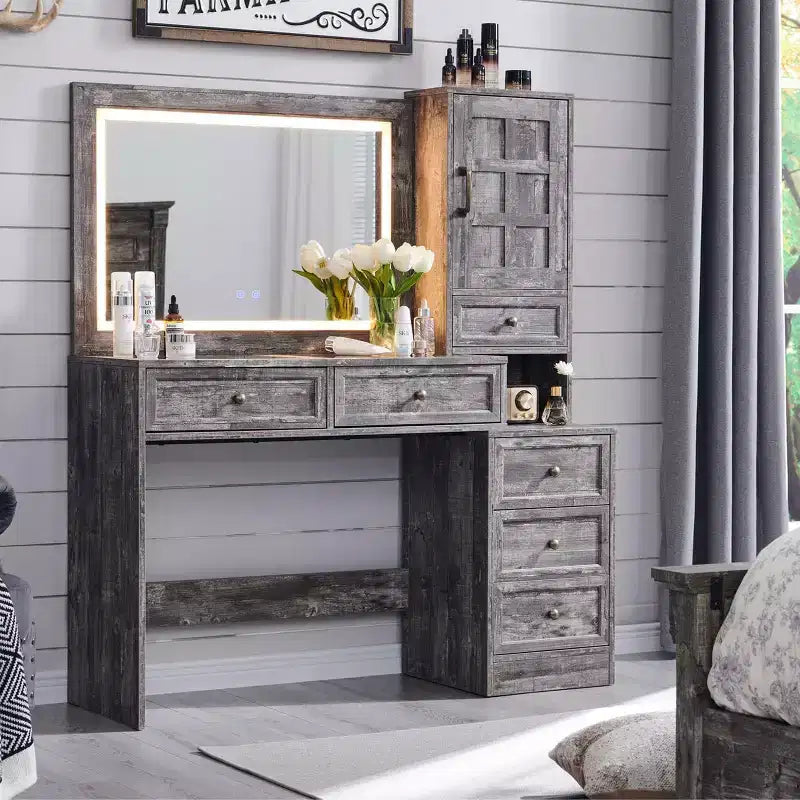 Mastgoal Farmhouse Vanity Desk with Touch Screen LED Mirror, 47 Big Make Up Table, 6 Drawers, Glass Top, Charging Station, Rustic Wood Dressing Table