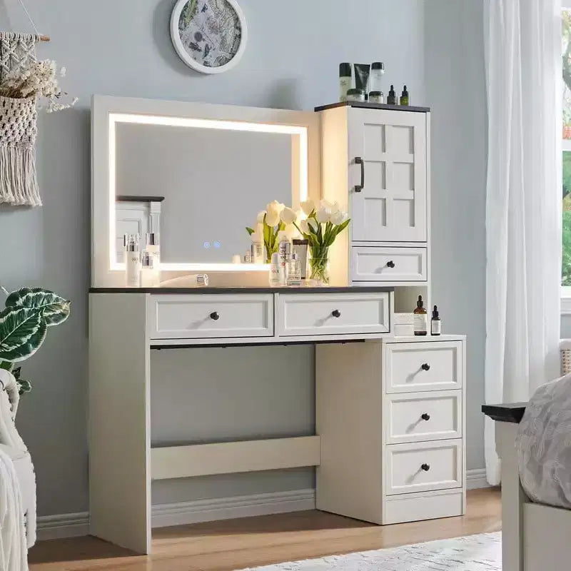 Mastgoal Farmhouse Vanity Desk with Touch Screen LED Mirror, 47 Big Make Up Table, 6 Drawers, Glass Top, Charging Station, Rustic Wood Dressing Table
