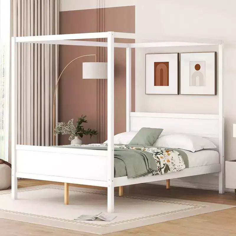 Whisen Queen Size Canopy Bed with Headboard & Footboard, Under-Bed Storage & Decor-Friendly Design