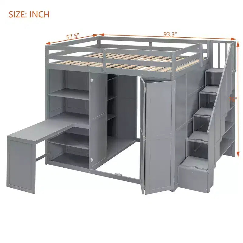 Whisen Full Size Loft Bed, Wardrobe Racks, Foldable Shelves & Desks for Organized Living
