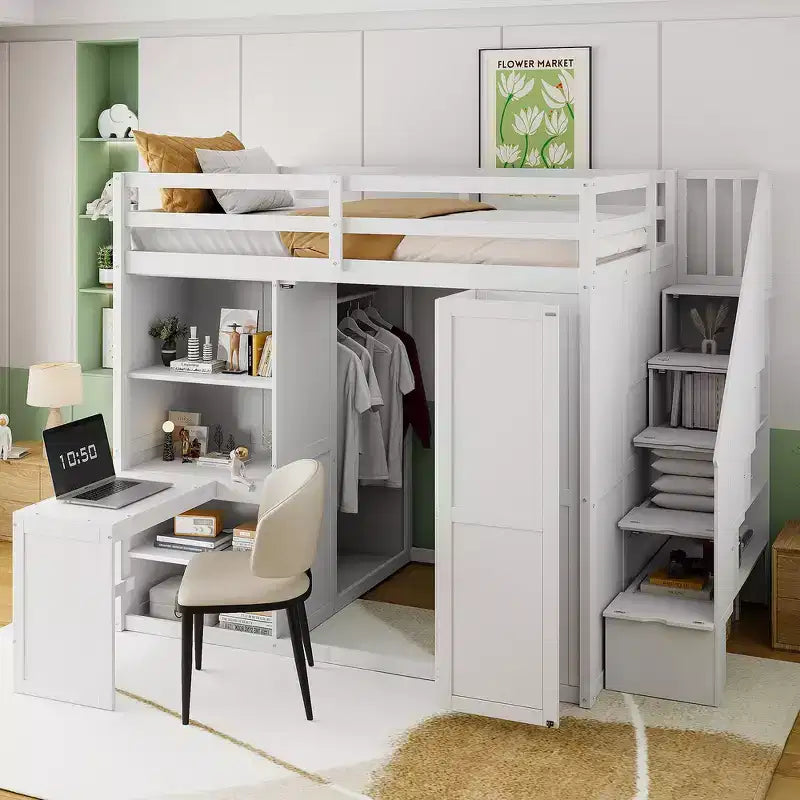 Whisen Full Size Loft Bed, Wardrobe Racks, Foldable Shelves & Desks for Organized Living