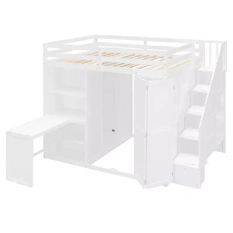Whisen Full Size Loft Bed, Wardrobe Racks, Foldable Shelves & Desks for Organized Living