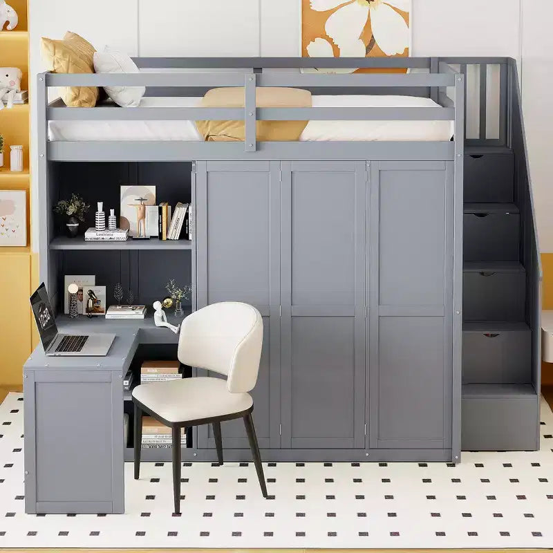 Whisen Full Size Loft Bed, Wardrobe Racks, Foldable Shelves & Desks for Organized Living