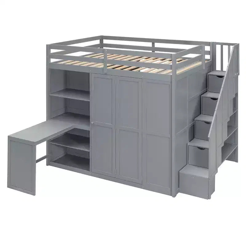 Whisen Full Size Loft Bed, Wardrobe Racks, Foldable Shelves & Desks for Organized Living