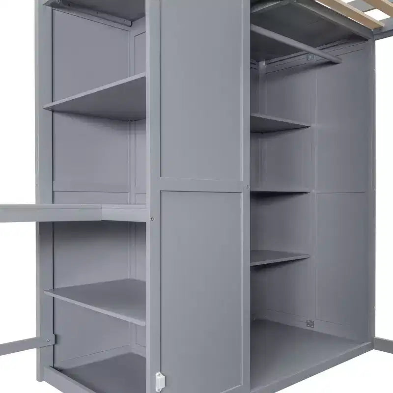 Whisen Full Size Loft Bed, Wardrobe Racks, Foldable Shelves & Desks for Organized Living