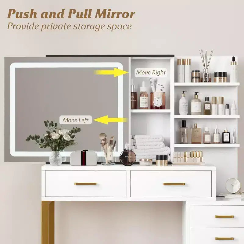 Vanity Desk with Mirror and Lights, Makeup Vanity Desk with Sliding Lighted Mirror, 3 Lighting Modes, 5 Large Drawers and 3 Tiers, for Bedroom, White