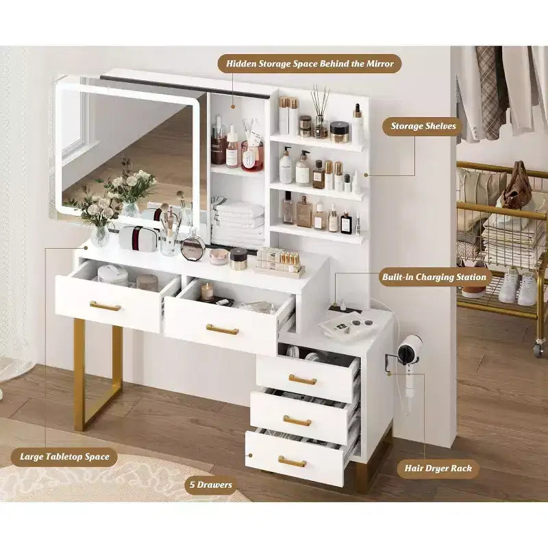 Vanity Desk with Mirror and Lights, Makeup Vanity Desk with Sliding Lighted Mirror, 3 Lighting Modes, 5 Large Drawers and 3 Tiers, for Bedroom, White