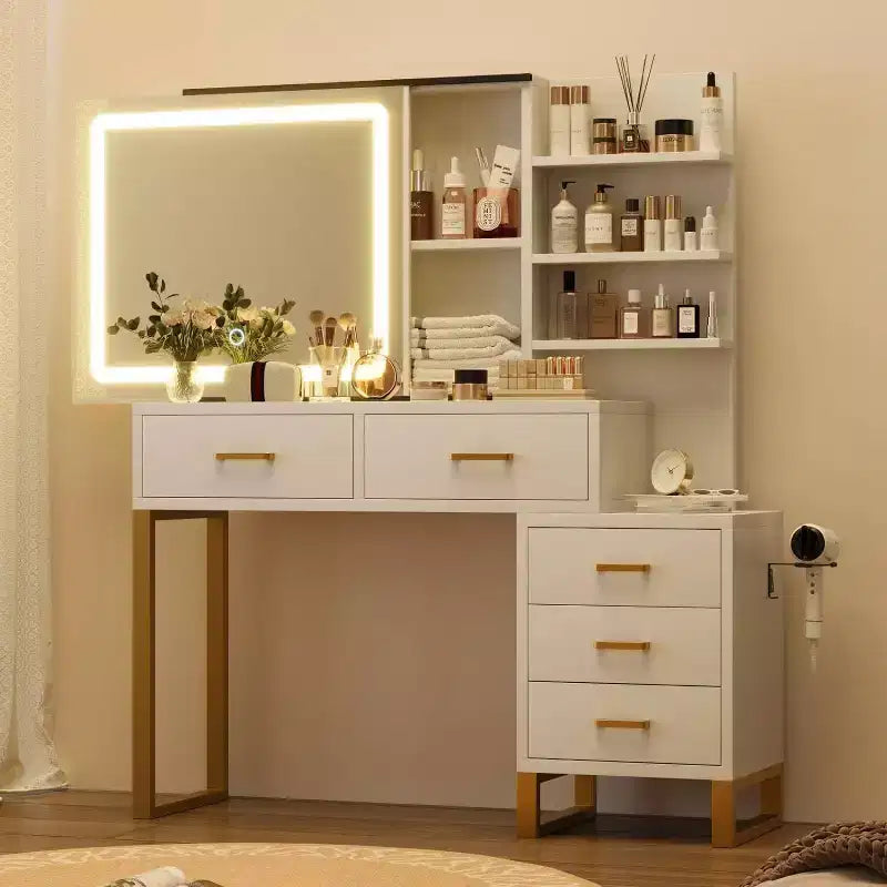 Vanity Desk with Mirror and Lights, Makeup Vanity Desk with Sliding Lighted Mirror, 3 Lighting Modes, 5 Large Drawers and 3 Tiers, for Bedroom, White
