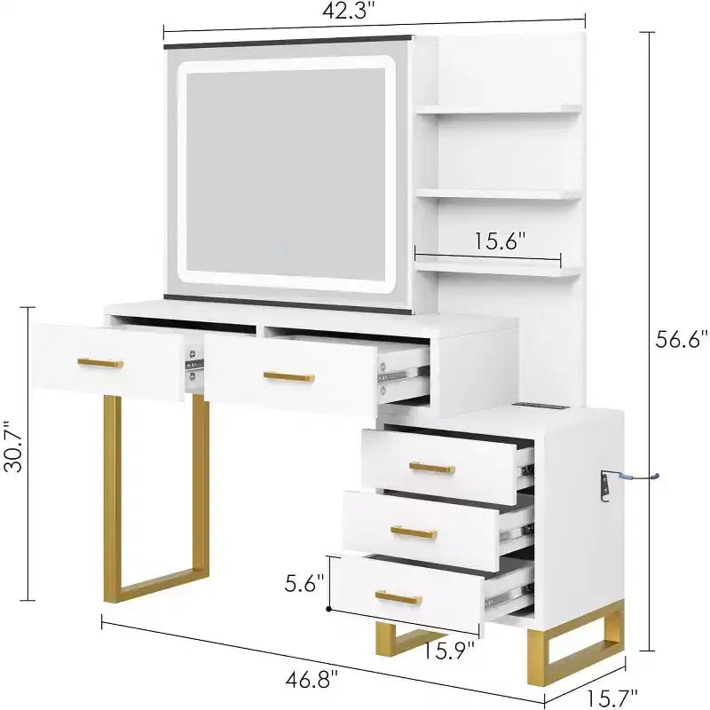 Vanity Desk with Mirror and Lights, Makeup Vanity Desk with Sliding Lighted Mirror, 3 Lighting Modes, 5 Large Drawers and 3 Tiers, for Bedroom, White