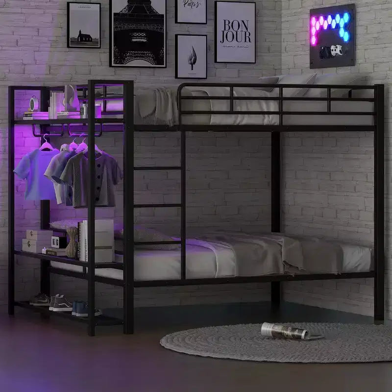 Whisen Full Size Metal Bunk Bed with LED Light Strips (7 Colors), Open Storage Shelves & Hooks
