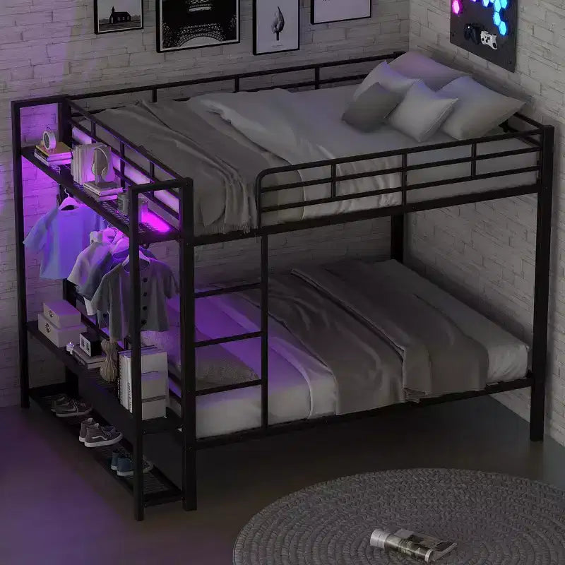 Whisen Full Size Metal Bunk Bed with LED Light Strips (7 Colors), Open Storage Shelves & Hooks