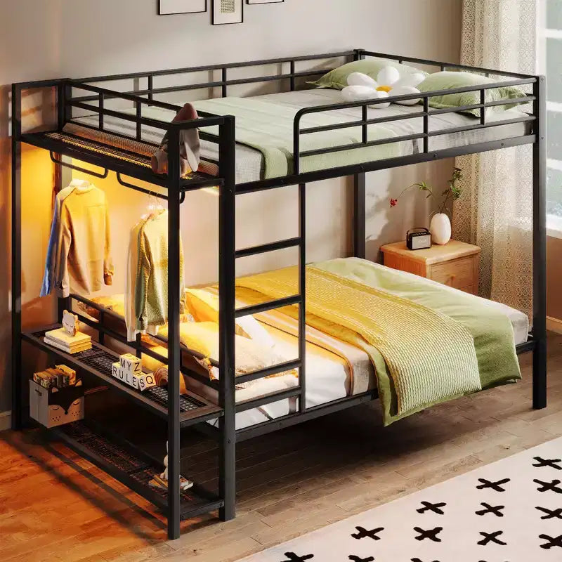 Whisen Full Size Metal Bunk Bed with LED Light Strips (7 Colors), Open Storage Shelves & Hooks