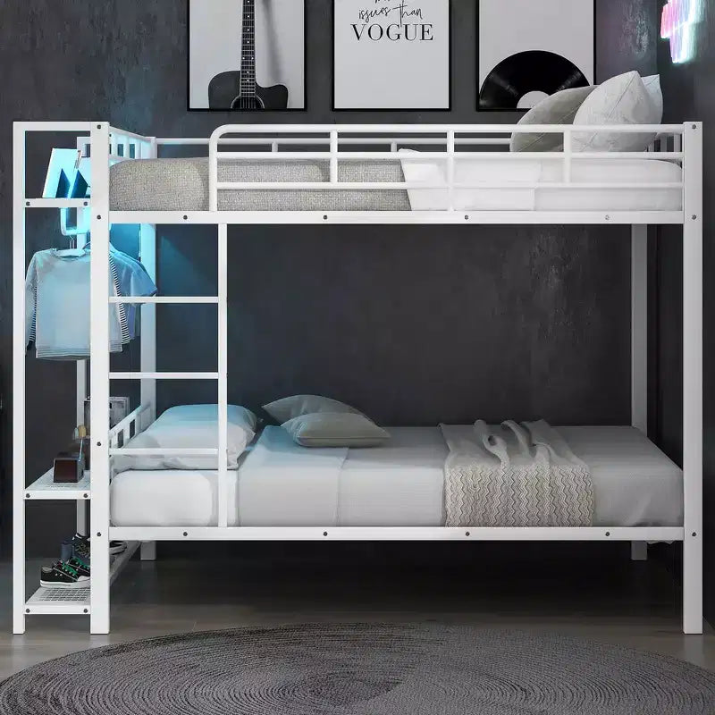 Whisen Full Size Metal Bunk Bed with LED Light Strips (7 Colors), Open Storage Shelves & Hooks