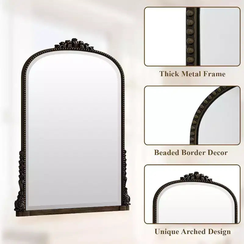40x28 Wall Mirror, Arched Beaded Mirror with Metal Frame, Decorative Bathroom Vanity Mirror for Entryway, Bedroom, or Living Room