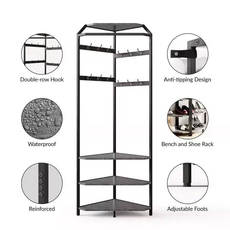 Corner Hall Tree with Shoe Bench, Entryway Coat Rack with 12 Double Hooks, Freestanding Storage Organizer for Home, Office, Bedroom, Mudroom