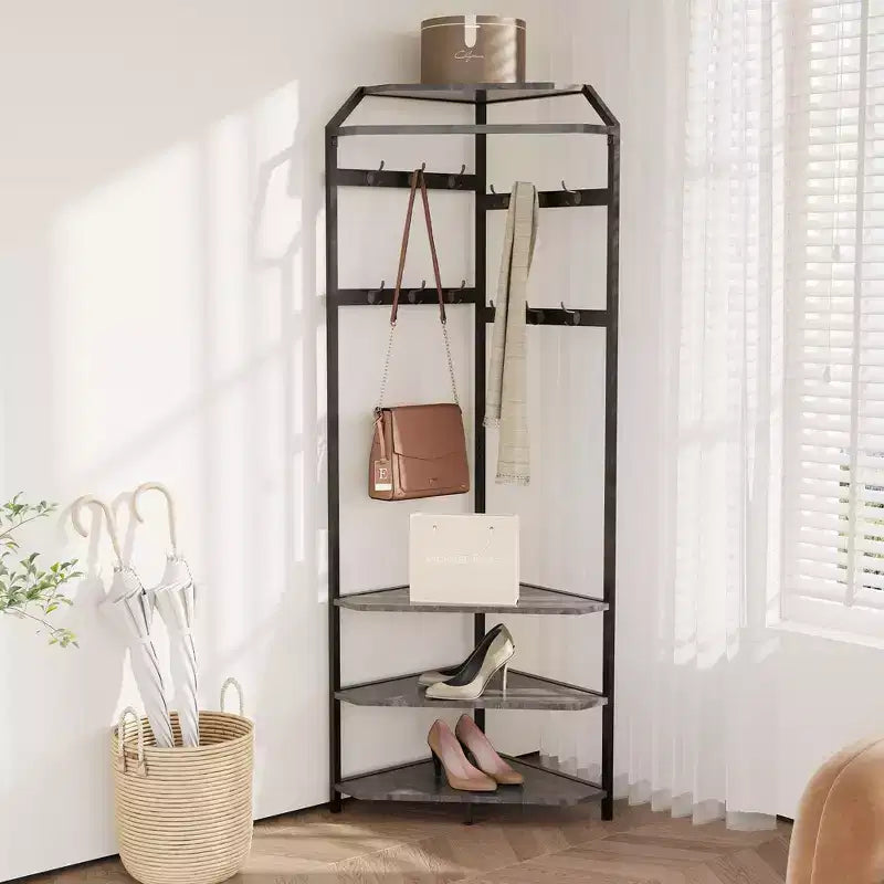 Corner Hall Tree with Shoe Bench, Entryway Coat Rack with 12 Double Hooks, Freestanding Storage Organizer for Home, Office, Bedroom, Mudroom