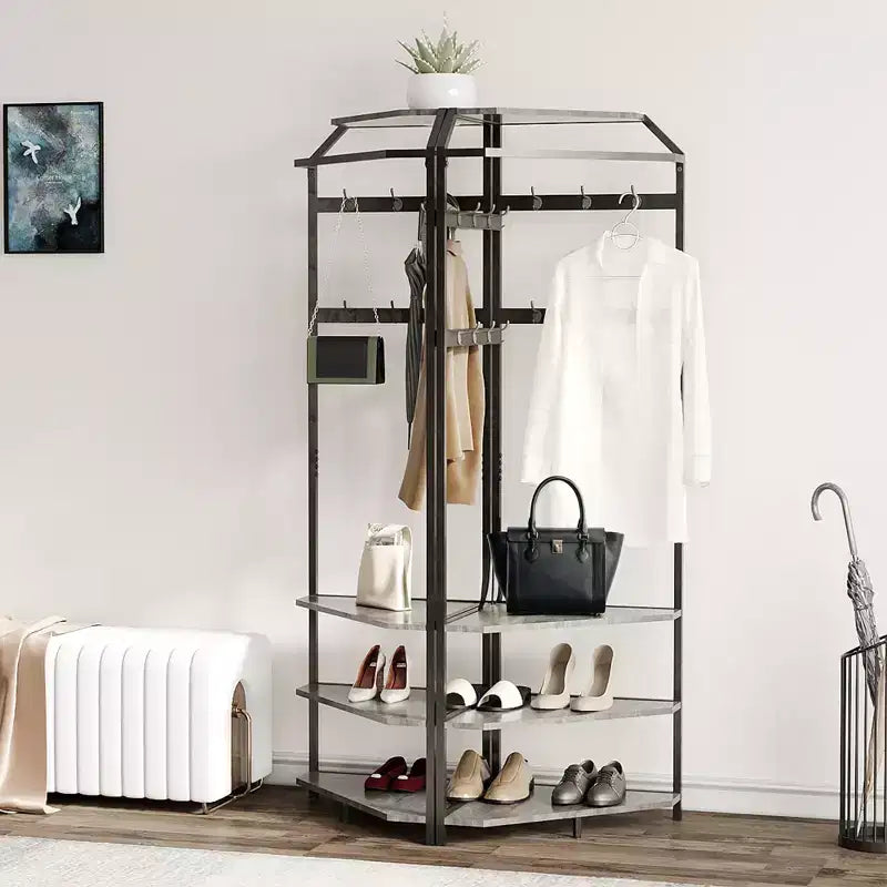 Corner Hall Tree with Shoe Bench, Entryway Coat Rack with 12 Double Hooks, Freestanding Storage Organizer for Home, Office, Bedroom, Mudroom