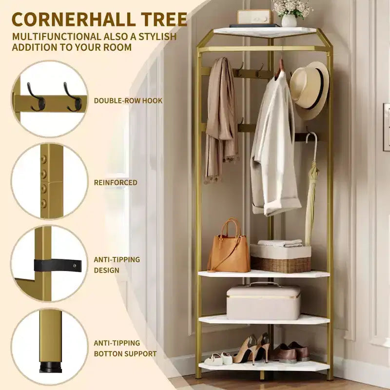 Corner Hall Tree with Shoe Bench, Entryway Coat Rack with 12 Double Hooks, Freestanding Storage Organizer for Home, Office, Bedroom, Mudroom
