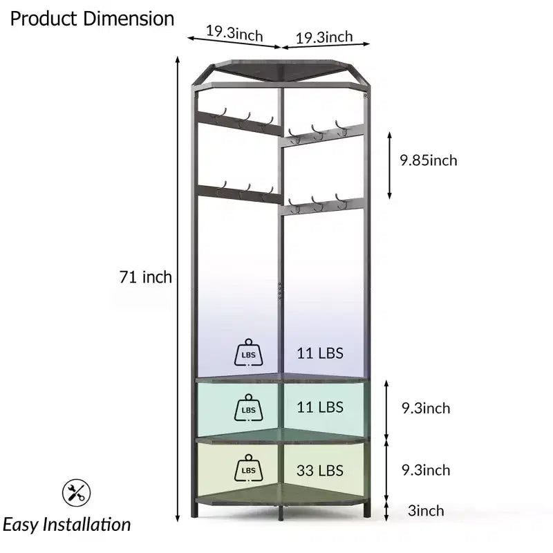 Corner Hall Tree with Shoe Bench, Entryway Coat Rack with 12 Double Hooks, Freestanding Storage Organizer for Home, Office, Bedroom, Mudroom