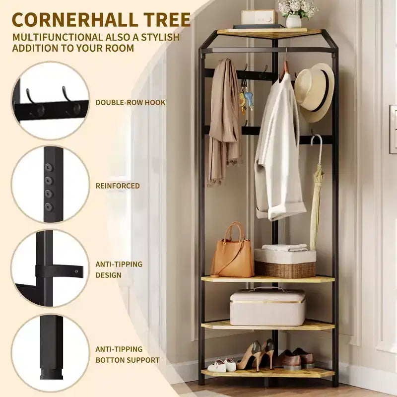 Corner Hall Tree with Shoe Bench, Entryway Coat Rack with 12 Double Hooks, Freestanding Storage Organizer for Home, Office, Bedroom, Mudroom