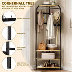 Corner Hall Tree with Shoe Bench, Entryway Coat Rack with 12 Double Hooks, Freestanding Storage Organizer for Home, Office, Bedroom, Mudroom