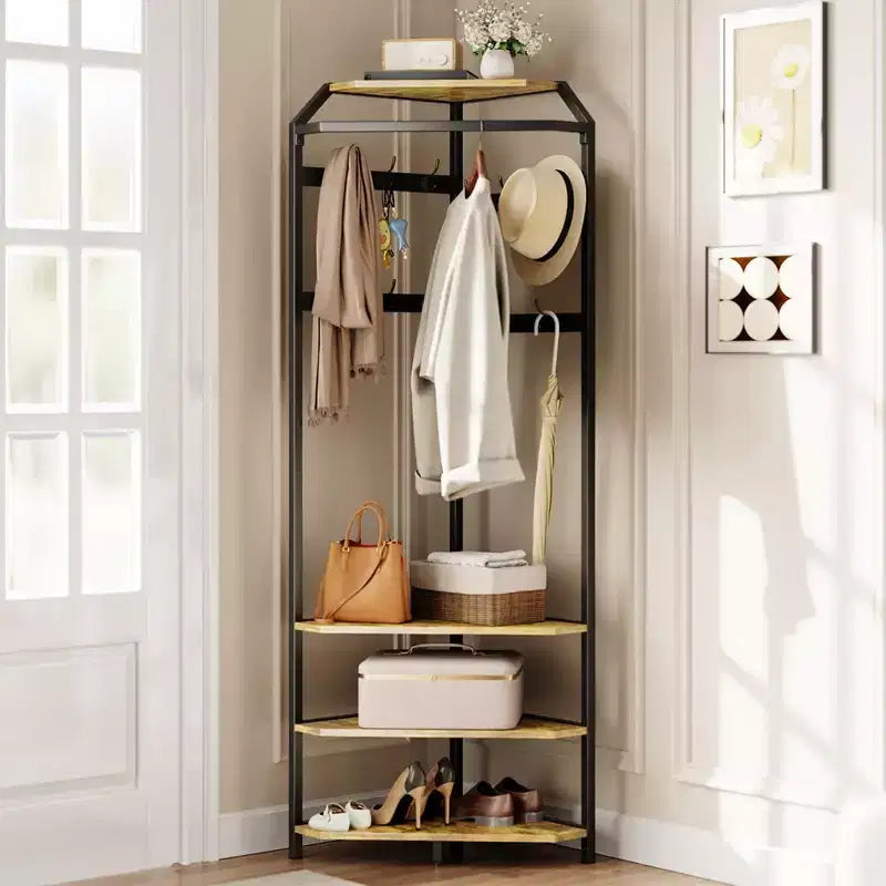 Corner Hall Tree with Shoe Bench, Entryway Coat Rack with 12 Double Hooks, Freestanding Storage Organizer for Home, Office, Bedroom, Mudroom