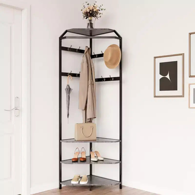 Corner Hall Tree with Shoe Bench, Entryway Coat Rack with 12 Double Hooks, Freestanding Storage Organizer for Home, Office, Bedroom, Mudroom