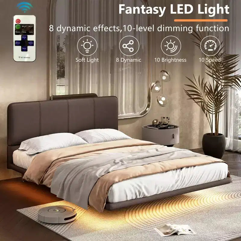 Whisen Full Size Floating Platform Bed with LED Lights, PU Leather, Sturdy Build & Modern Appeal
