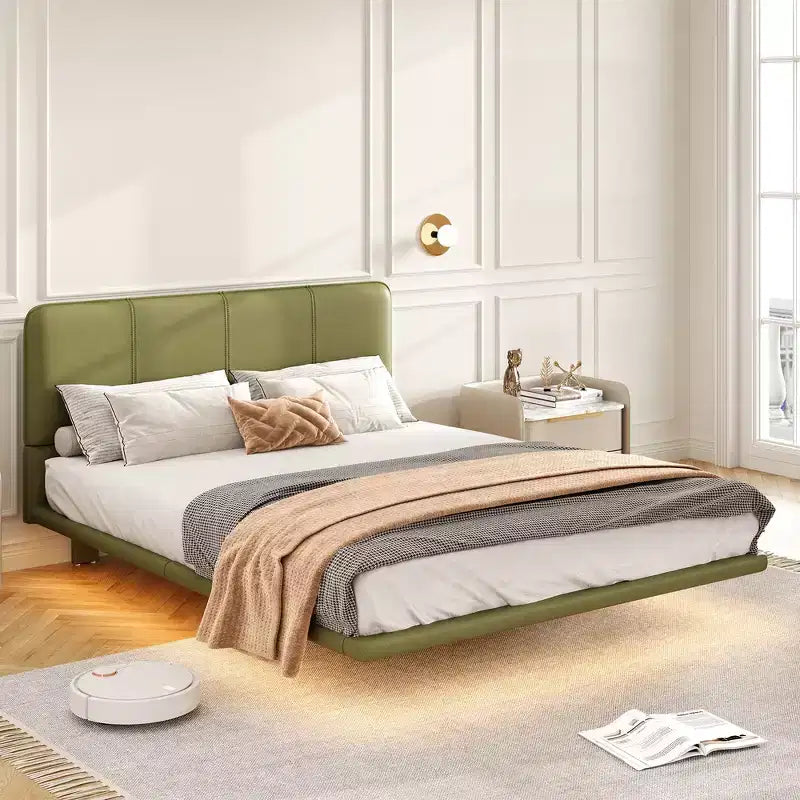 Whisen Full Size Floating Platform Bed with LED Lights, PU Leather, Sturdy Build & Modern Appeal