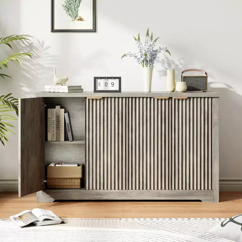 Fluted Buffet Sideboard Cabinet with Storage,2/4 Doors & Adjustable Shelf, Modern Wood Coffee Bar Console Table