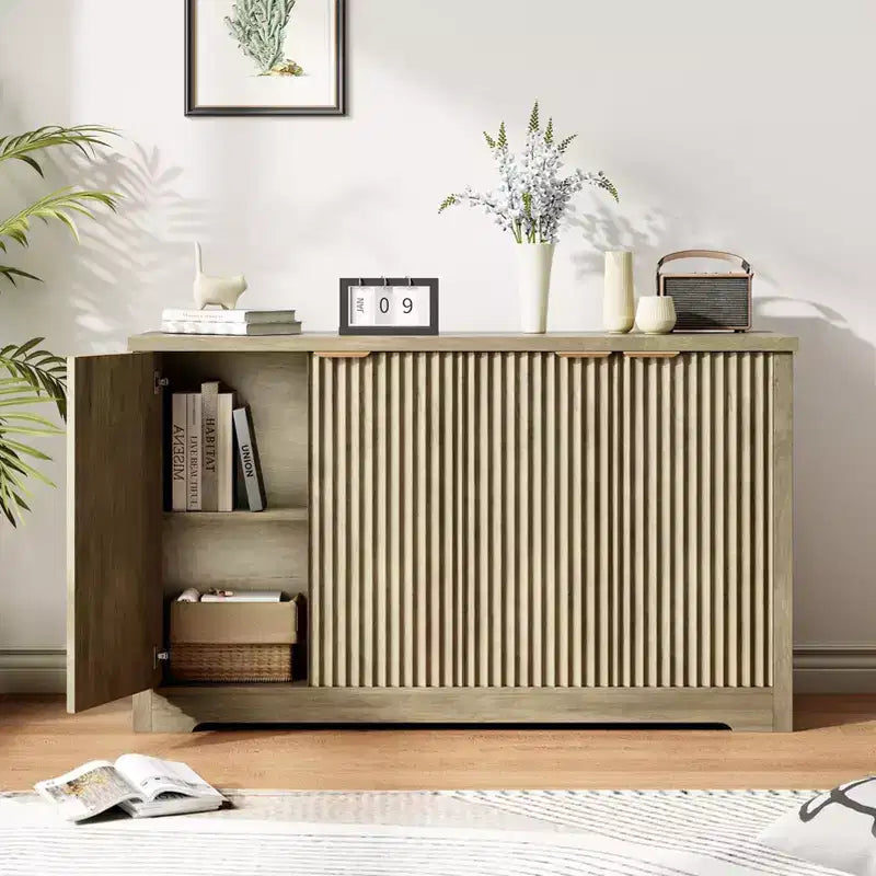 Fluted Buffet Sideboard Cabinet with Storage,2/4 Doors & Adjustable Shelf, Modern Wood Coffee Bar Console Table