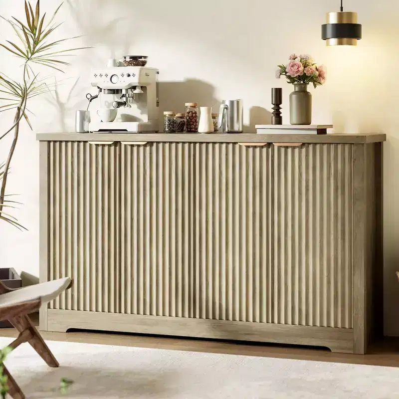 Fluted Buffet Sideboard Cabinet with Storage,2/4 Doors & Adjustable Shelf, Modern Wood Coffee Bar Console Table