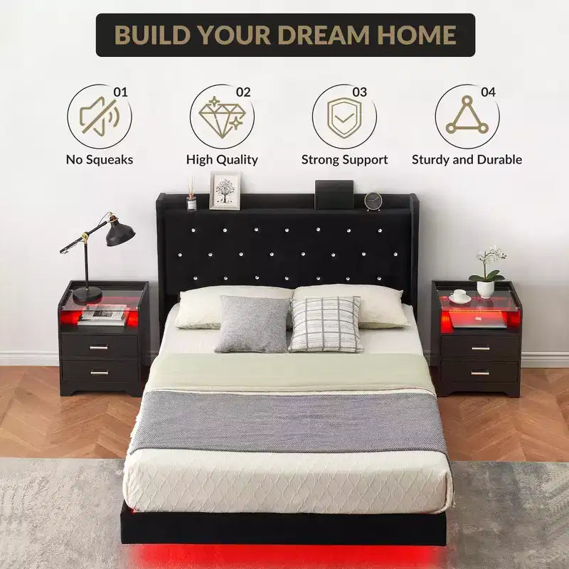 Floating Bed Frame, Modern Platform Bed Frame, Wood Slats Support, Upholstered Headboard, No Box Spring Needed, Black